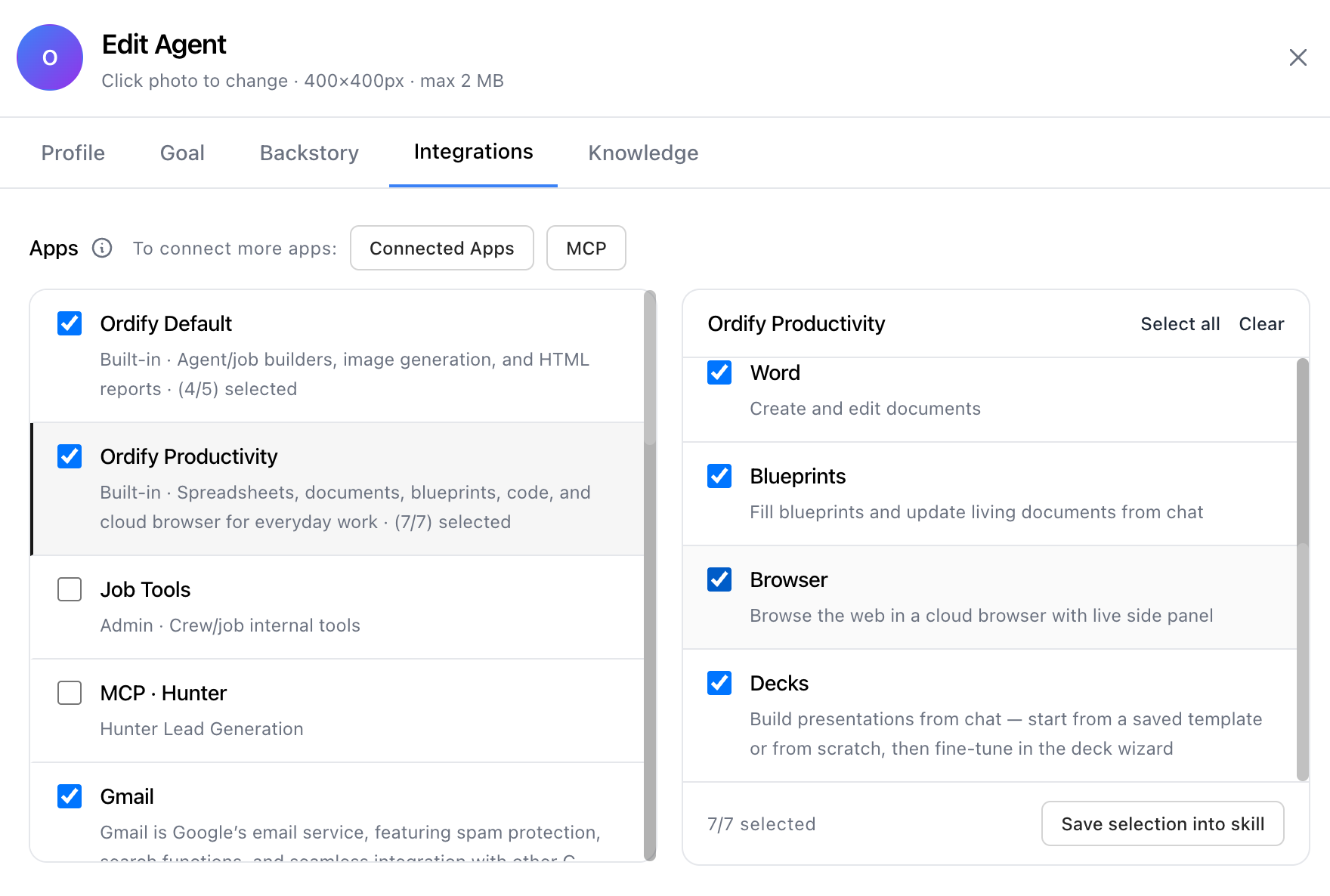 Blueprints tool enabled under Ordify Productivity in an agent's Integrations tab