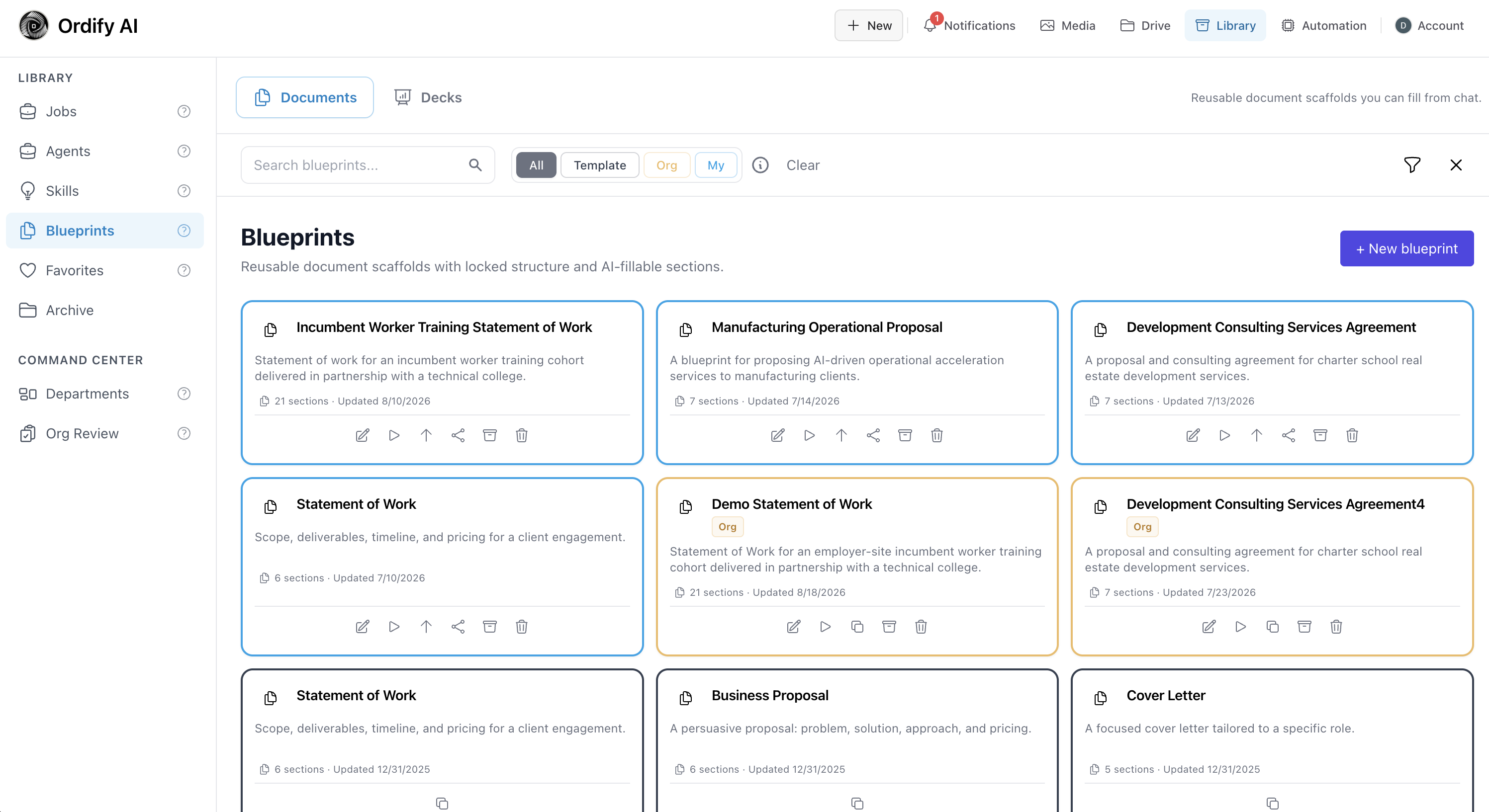 Blueprint Library showing search, filters, saved Blueprint cards, and the New blueprint action