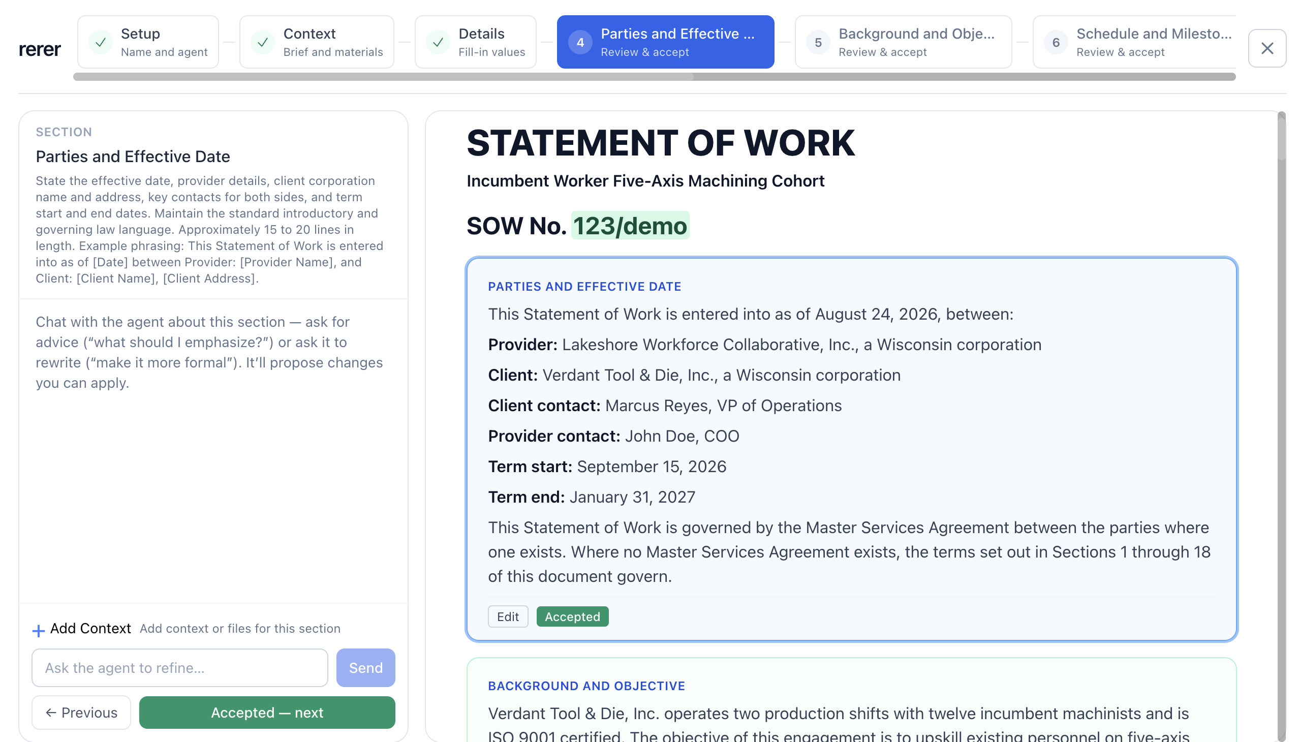 Reviewing a generated section, with its writing guidance, the refine box, and a section that has already been accepted