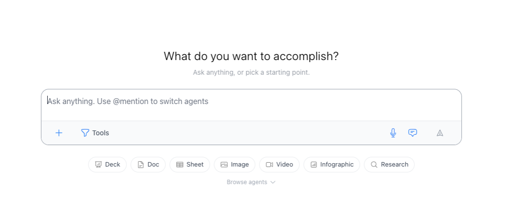 The chat home screen with starting points for Deck, Doc, Sheet, Image, Video, Infographic, and Research