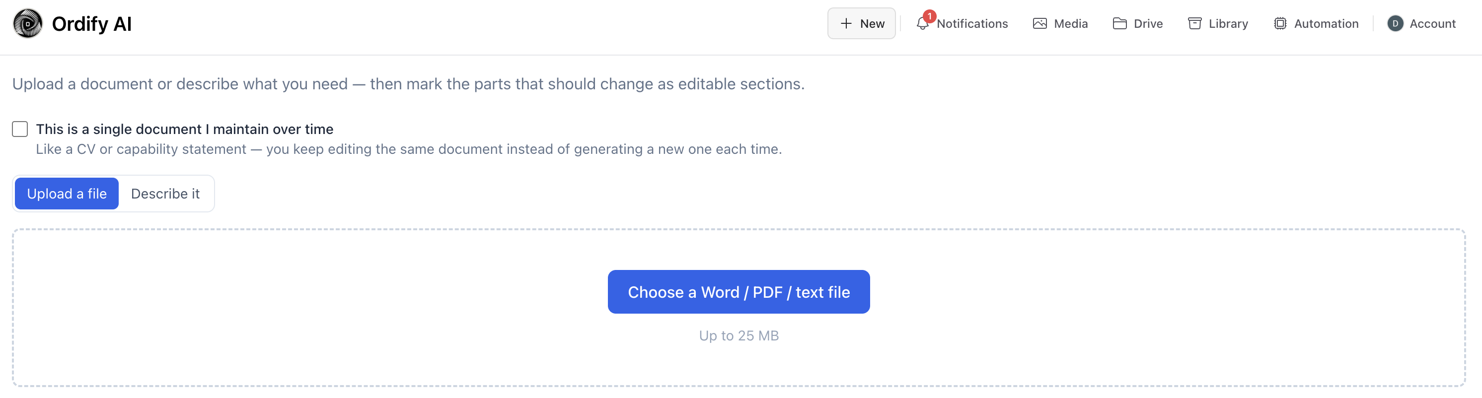 Blueprint creation screen with Upload a file, Describe it, and single-document options