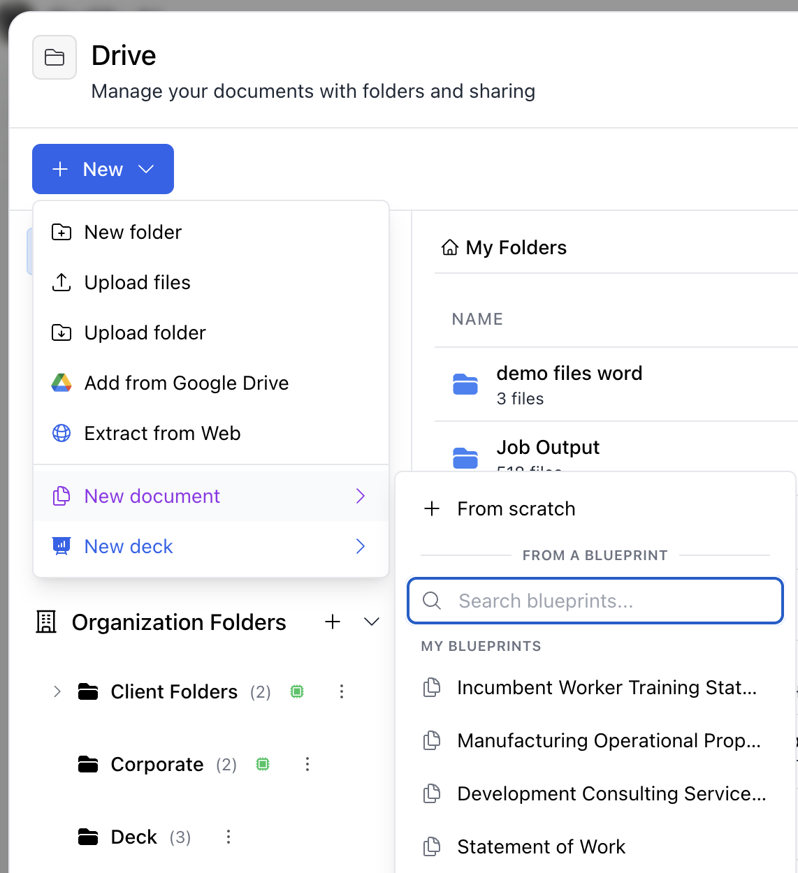 Drive with the New menu open, New document selected, and the list of Blueprints