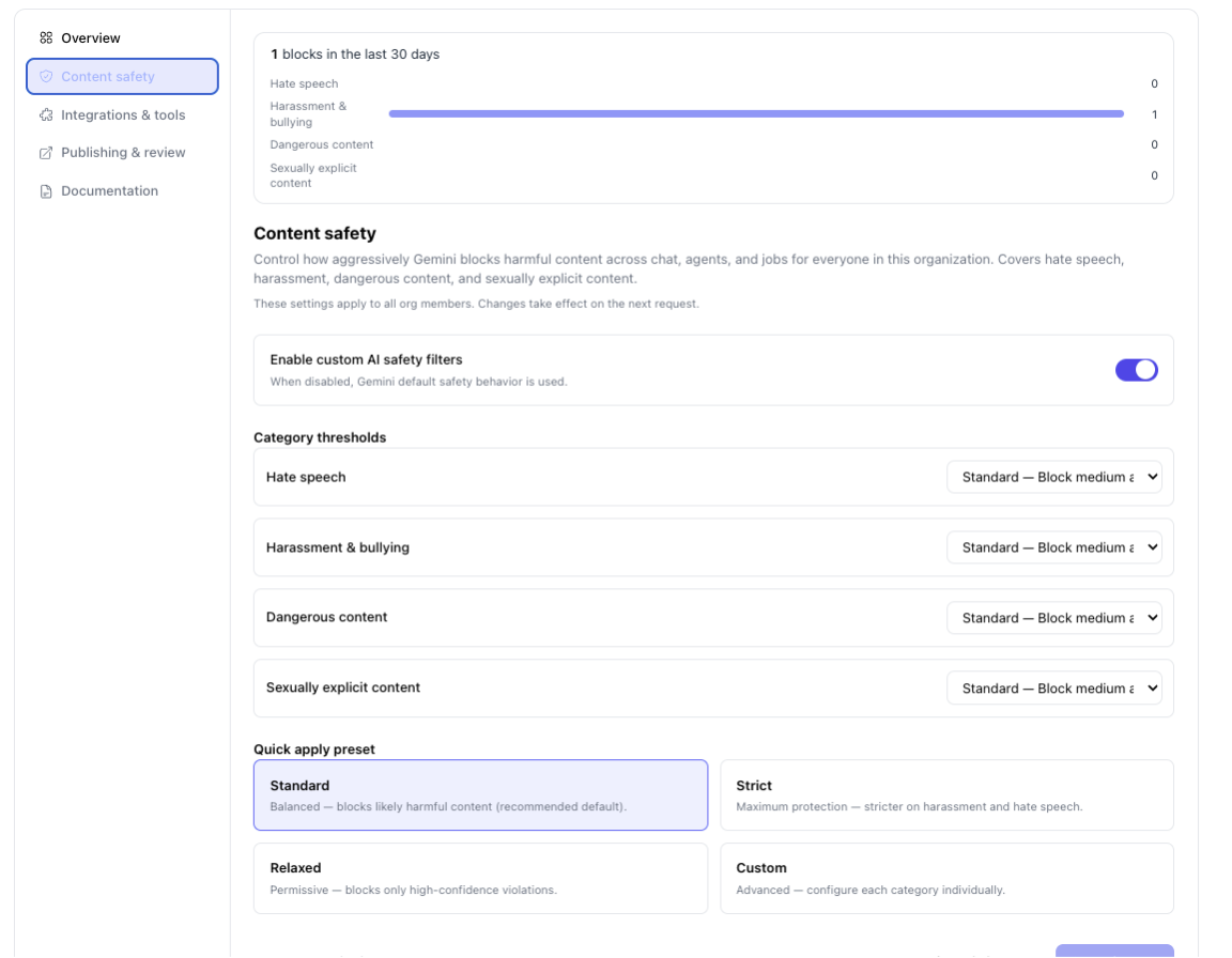 Content safety filters, category thresholds, and quick-apply presets