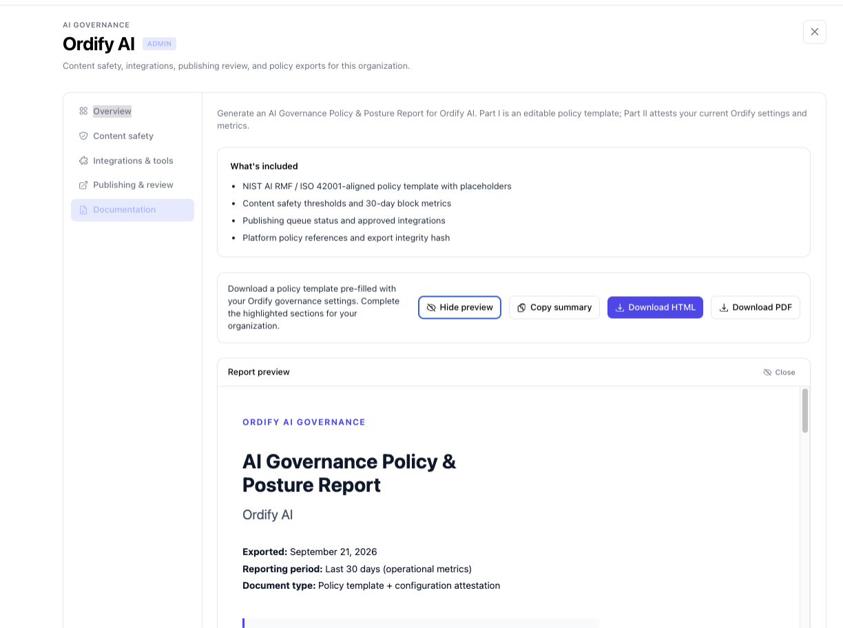 The documentation section with report preview and download actions
