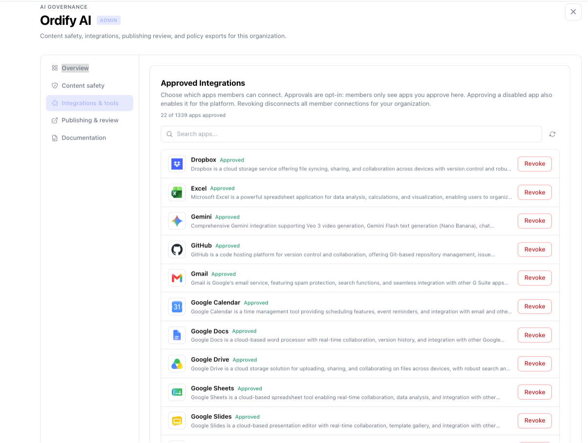 The approved integrations list with search and revoke
