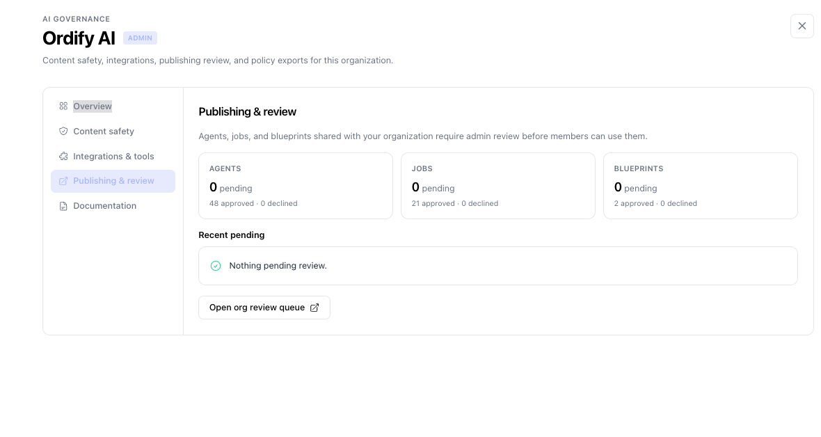 Publishing and review counts for agents, jobs, and blueprints