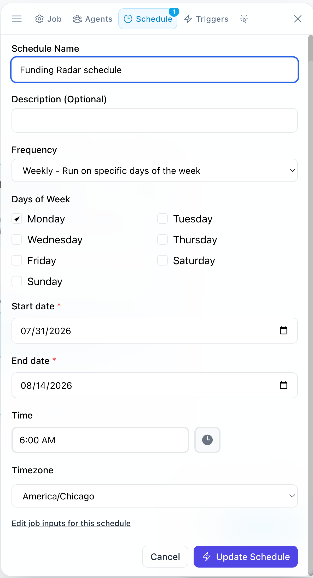 Setting a schedule inside the builder