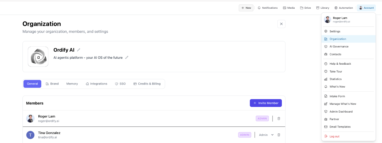 The Organization page with the members list, roles, and Invite Member