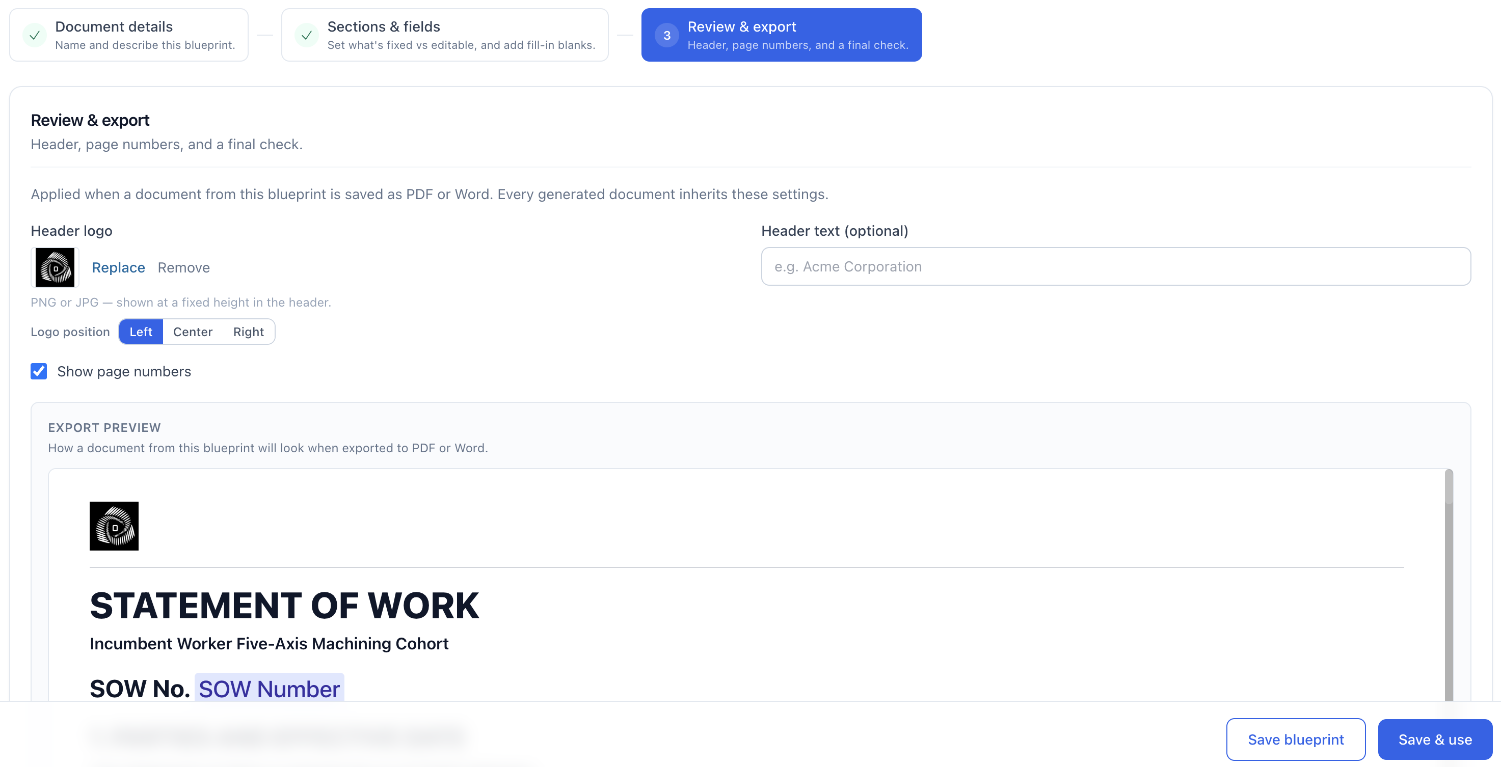 Review & export step in the Blueprint editor, with header logo, optional header text, page numbers, and export preview