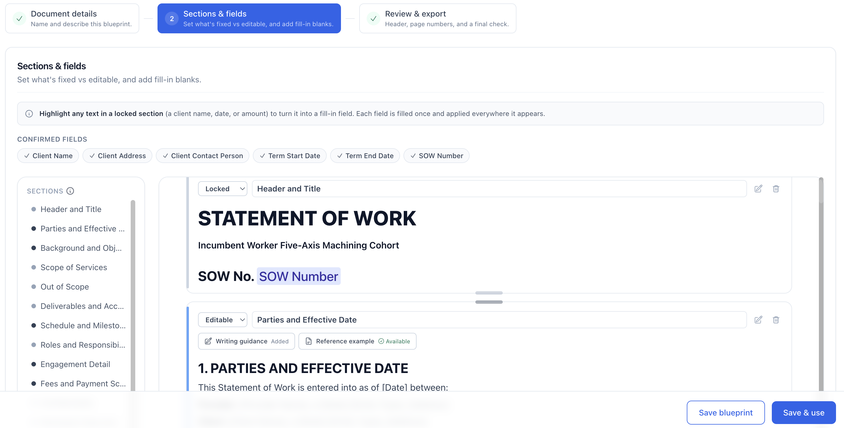 Sections & fields step in the Blueprint editor, with confirmed fields, the section list, and Locked or Editable section controls