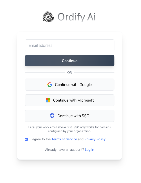 The Ordify sign-up card with email, Google, Microsoft, and SSO