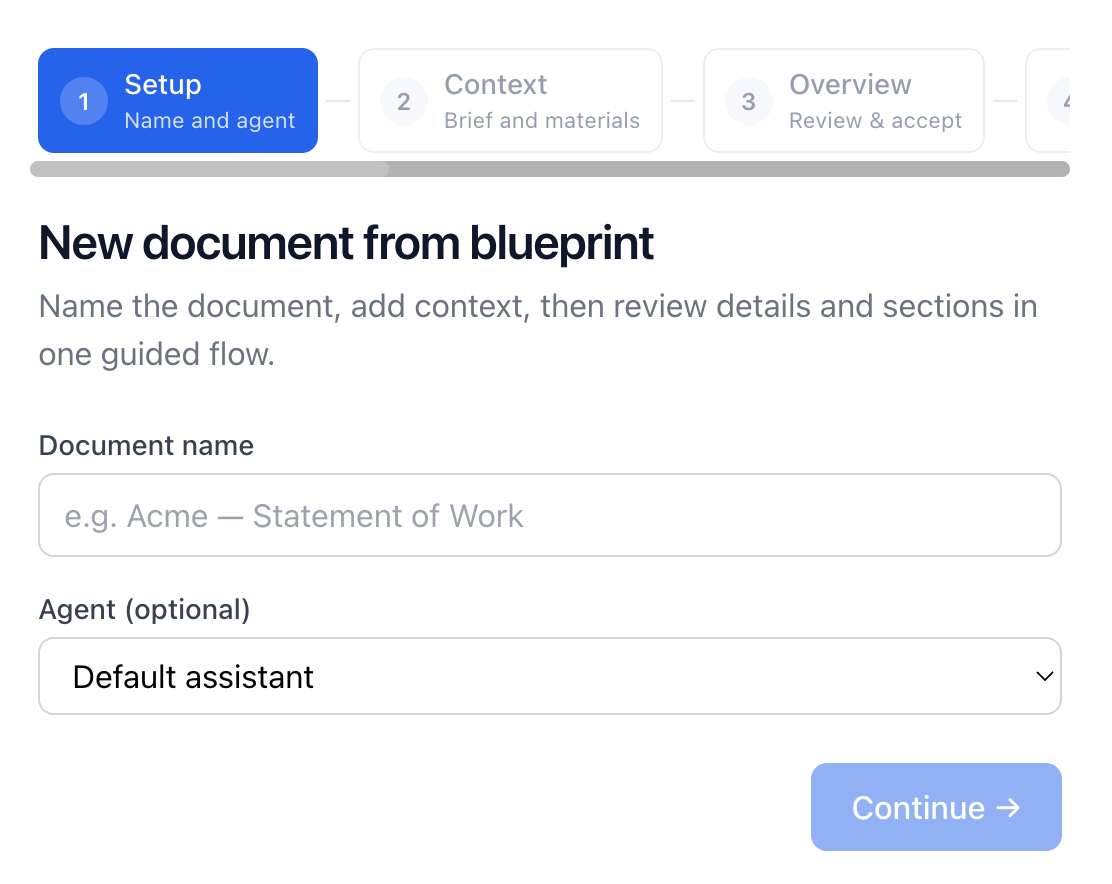 Setup step with document name, optional agent selection, and Continue