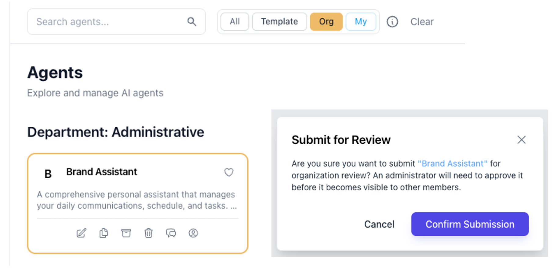Ordify Agents screen with submit for organization review and administrator approval